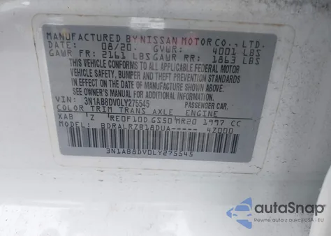 2020 Nissan Sentra Sr Xtronic Cvt z USA, uszkodzony, nr VIN 3N1AB8DV0LY275545